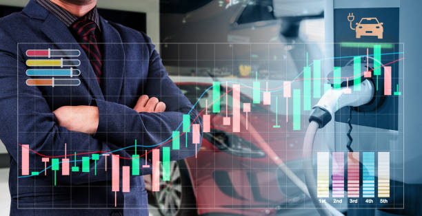 Businessman show business growth investment stock finance profit graph of marketing financial increase trade chart. Charging an electric car battery, new innovative technology EV Electrical vehicle. stock photo