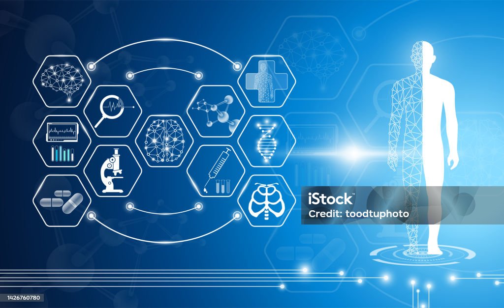 Modern Medical Science Abstract Background Technology Concept In Blue Light Brain And Human ...