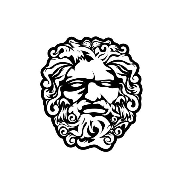 그리스 신 제우스. 고대 그리스 신 조각 철학자. 페이스 제우스 트리톤 해왕성 엠블럼 디자인 - triton stock illustrations