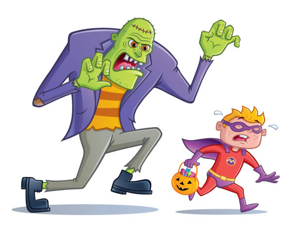 illustrazioni stock, clip art, cartoni animati e icone di tendenza di mostro arrabbiato che insegue halloween kid - green monster