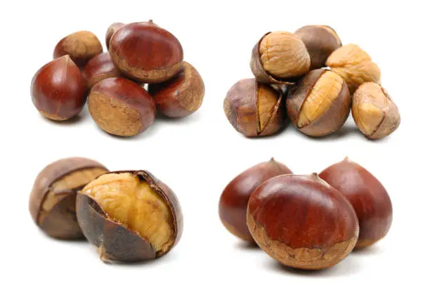 chinese food, peeled roasted chestnut on white background