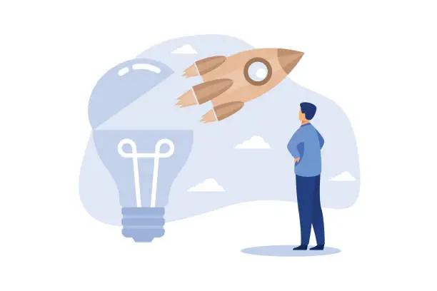 Vector illustration of Innovation to launch new idea, entrepreneurship or startup, creativity to begin business or breakthrough idea concept, innovative rocket launch flying high from opening bright lightbulb idea.