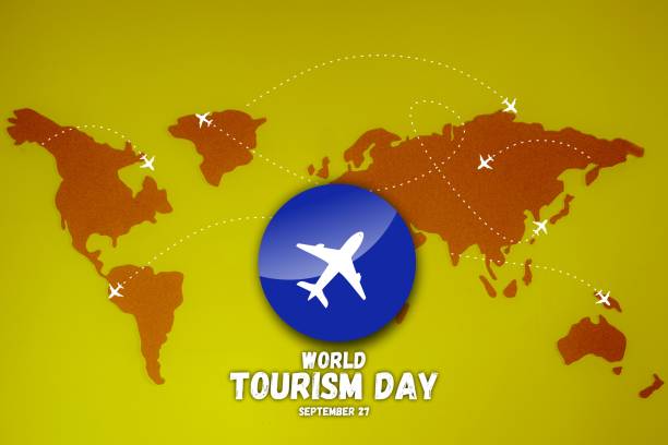 World Tourism Day Abstract Background with Planes and routes sign and logo. World tourism day typography  World map and tourism concept backdrop World Tourism Day Abstract Background with Planes and routes sign and logo. World tourism day typography  World map and tourism concept backdrop World Tourism Day stock illustrations