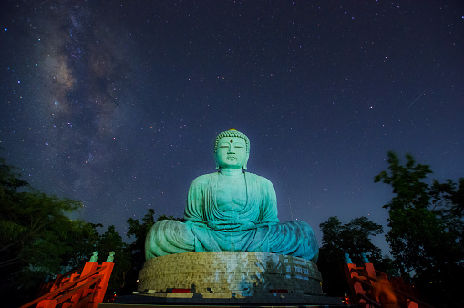 Daibutsu or 'Giant Buddha' is a Japanese term often used informally for a large statue of Buddha, Giant Buddha with milky way in sky at night, Mae Tha District, Lampang Province.