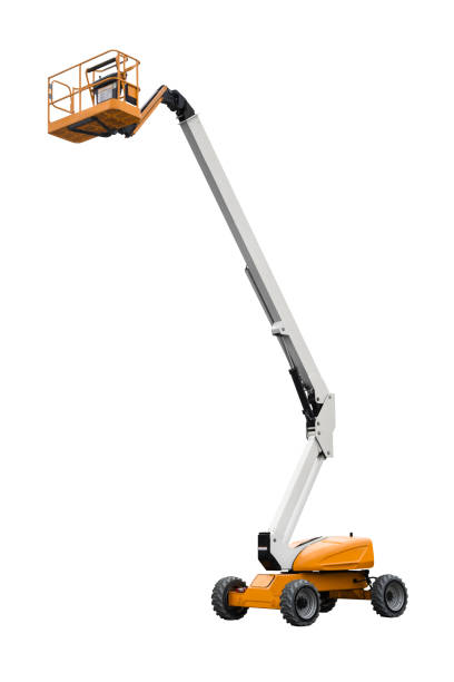 Angle view of a telescopic aerial boom lift, isolated on white background.