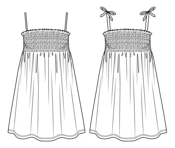 Vector illustration of Vector summer smocked dress fashion CAD, woman mini frill-trimmed front and back with shoulder straps technical drawing, template, flat, sketch. Jersey or woven fabric dress with front,back view,white