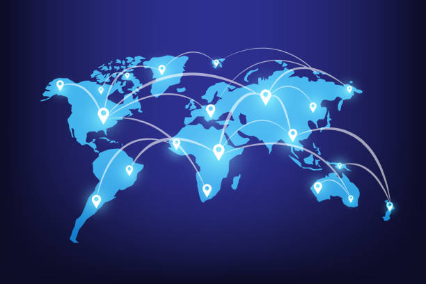 istock Travel around the world on a modern map blue background. Connecting global travel technology. Vector illustration in flat design. 1426799712
