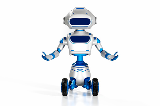 A white-blue robot with artificial intelligence is standing in front of a white studio background.