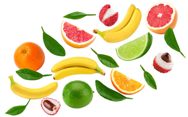 istock flying exotic fruits. banana, lime, lichee, grapefruit and orange fruit isolated on white background. clipping path 1426805837