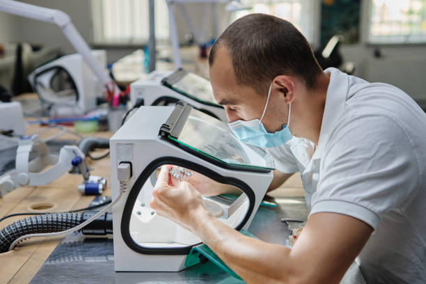 istock Dentist hand mills tooth crowns created on 3d printer for metal. 1426811393