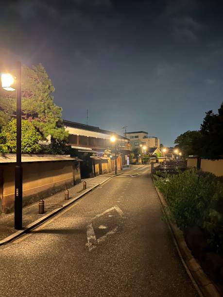 The street view of Kanazawa city at night stock photo