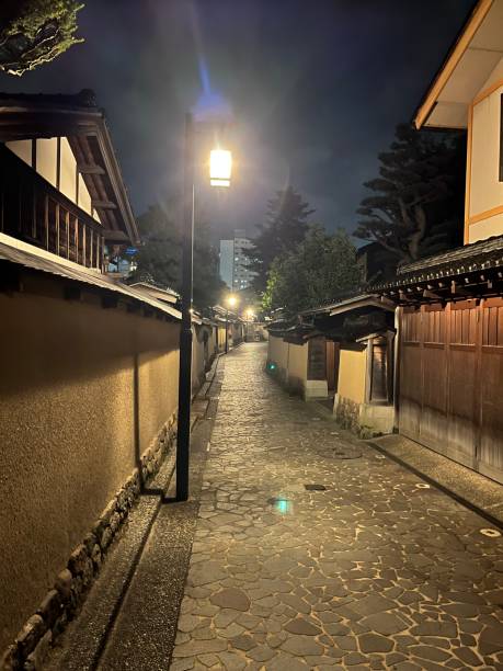 The street view of Kanazawa city at night stock photo