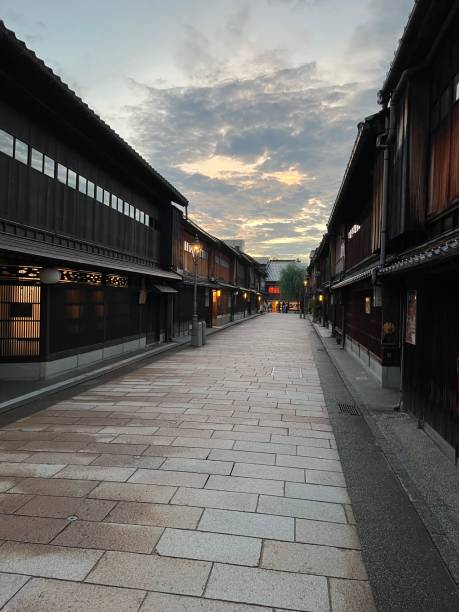 The street view of Kanazawa city at evening stock photo