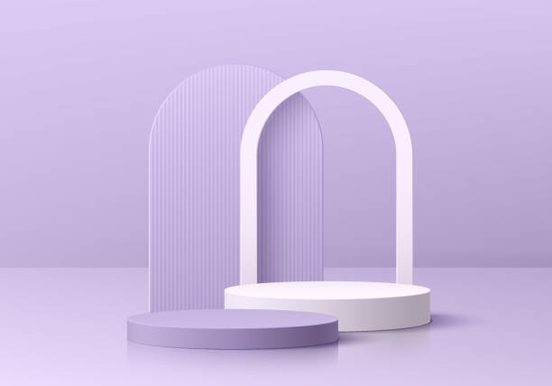 istock Realistic purple, white 3D cylinder pedestal podium with arch shape background. Minimal scene for mockup products, Round stage for showcase, promotion display. Vector geometric forms. Abstract room. 1426812036