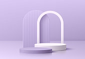 istock Realistic purple, white 3D cylinder pedestal podium with arch shape background. Minimal scene for mockup products, Round stage for showcase, promotion display. Vector geometric forms. Abstract room. 1426812036