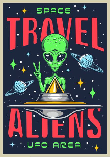 ilustrações de stock, clip art, desenhos animados e ícones de space travel vintage poster colorful - alien monster green futuristic