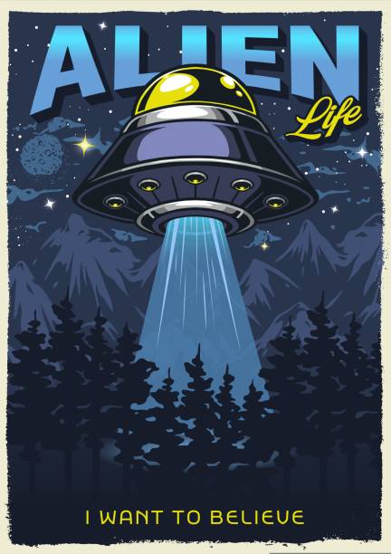 외계인 생활 전단 빈티지 다채로운 - ufo landing stock illustrations