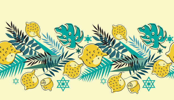 illustrazioni stock, clip art, cartoni animati e icone di tendenza di felice sukkot bordo senza soluzione di continuità modello modello sfondo - palm leaf frond leaf backgrounds