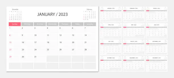 Vector illustration of Calendar 2023 week start Sunday corporate design planner template.