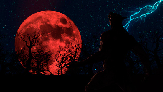 Illustration of a werewolf during the blood moon in the creepy forest - 3d rendering