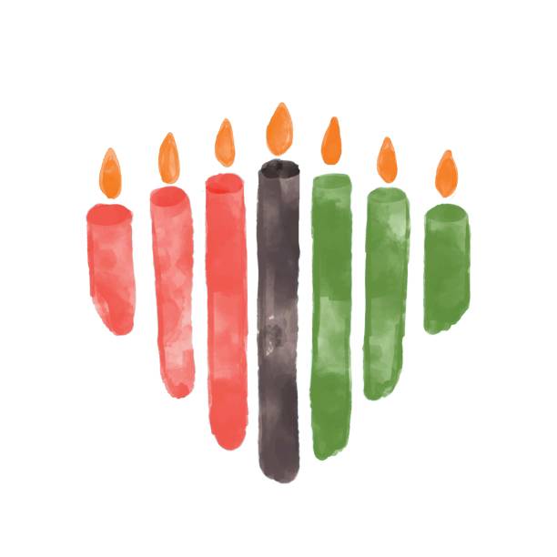 Seven candles for Kwanzaa festival celebration - Mishumaa. Artistic watercolor textured vector green, red, black burning candles. African American ethnic heritage celebration Seven candles for Kwanzaa festival celebration - Mishumaa. Artistic watercolor textured vector green, red, black burning candles. African American ethnic heritage celebration. december clipart pictures stock illustrations