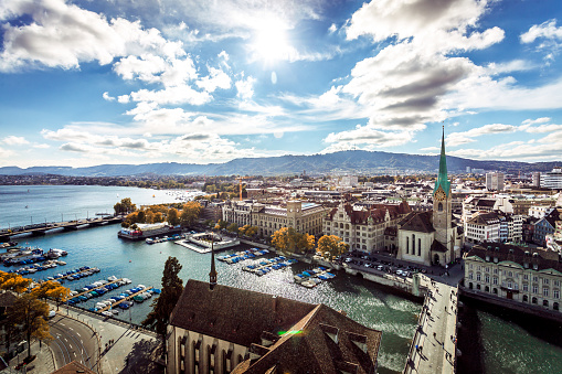 High angle view of Zurich towards the lake from the top of the Grossmünster Church.