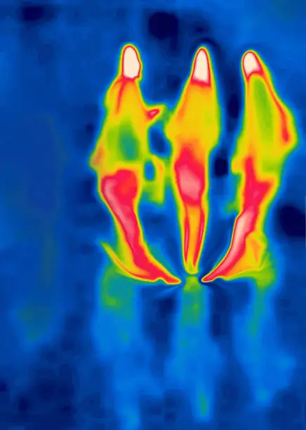 Conversations about the Trinity. The interlocutors are inclined to a consensus. Thermal impressionism, double-chrome painting. Image from thermal imager device. Modified unrecognizable people