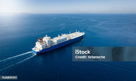 istock Aerial view of a large LNG or liquid gas tanker ship 1426834141