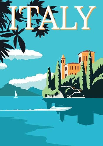 Idyllic italian landscape with lake, mountains and house on a cost. Concept for a travel poster or postcard. Flat vector illustration.