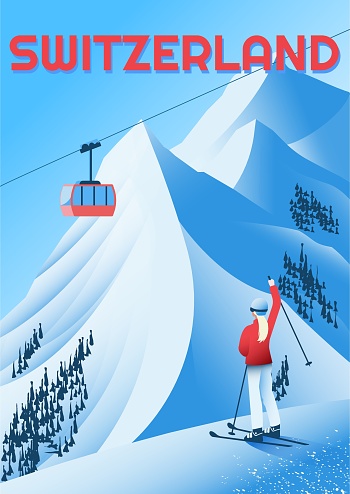 Girl skiing in moutains.  Switzerland travel poster. Vector illustration.