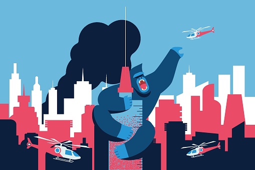 Giant ape fighting with medical helicopters. Monkeypox concept. Flat vector illustration.
