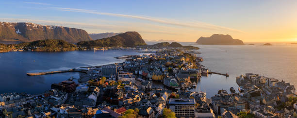 Aerial view of Alesund from Aksla viewpoint at dusk stock photo