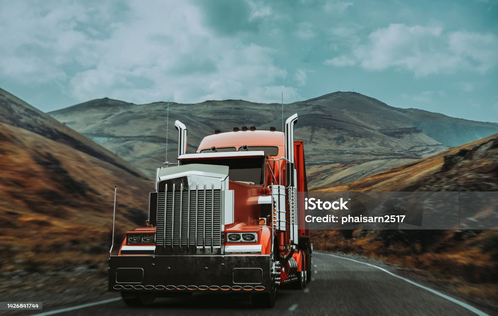 A red truck runs on a mountain road. A red truck runs on a mountain road. 3d render and illustration. Semi-Truck Stock Photo