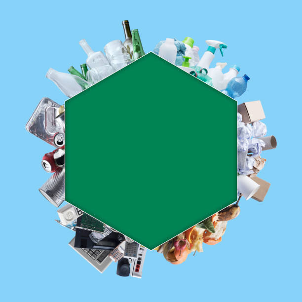 Blue recycling bin with the recycling symbol on a blue background. Concept of recycling, waste management, sustainability, and eco-friendly living.