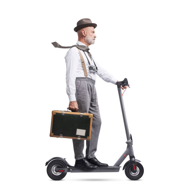 istock Vintage style traveler riding a scooter 1426842473