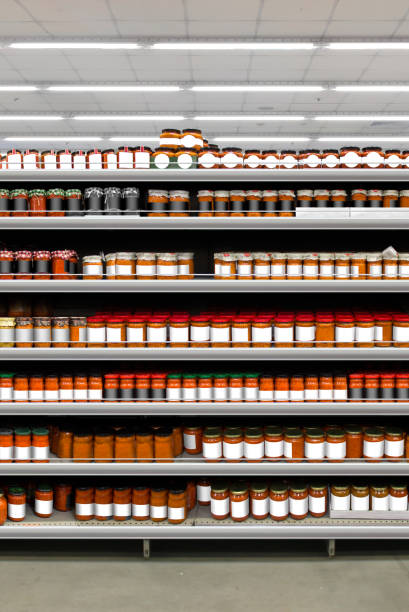 salsa sauce on shelf white label vertical - ice shelf imagens e fotografias de stock