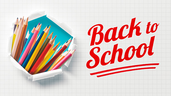 Back to school banner with set of colored pencils in a paper hole, creativity and learning concept