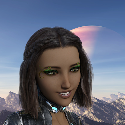 3d illustration of a dark complexion woman smiling in the foreground with a rising planet against a blue sky in the background.