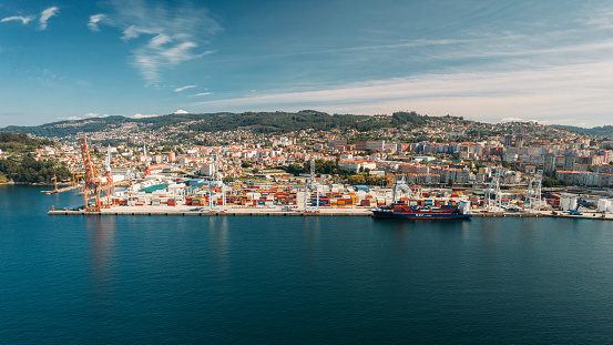 Vigo, Spain - September 23, 2023: Aerial drone view on Vigo cargo seaport, one of the largest in Spain