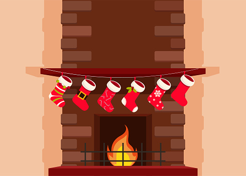 Red brick fireplace with socks hanging on a rope. Christmas and New Year winter holidays gifts. Santa stockings. Vector cartoon Illustration in trendy flat style.