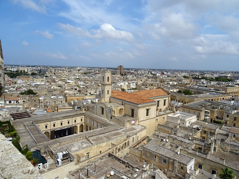 Lecce, Salento, Apulia region, Italy - 25 August 2022: Lecce UP! - panorama of the city from the bell tower of the Duomo: in particular the Church of Sant'Irene