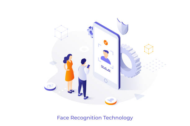 Vector Isometric Concept Conceptual template with man and woman standing in front giant smartphone. Face ID technology, facial recognition system, biometric authentication. Isometric vector illustration for website, banner. facial recognition woman stock illustrations