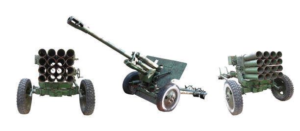 istock Three military russian cannon gun for invazion over white background 1426868794