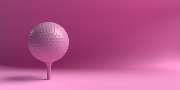 Equal gender rights Sport concept: Sportive women bright pink sparse background with one object and large copy space. Realistic ball illustration with dropped shadow. Female player or teenage girls sports match poster. Ladies championship in 3d render.