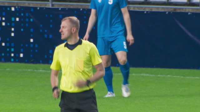 Soccer Football Match Championship: Blue Team Players Attacks, Attacker Scores a Goal bur Referee Whistles Offside and Does not count the Goal. Sport Broadcast Channel Television Playback