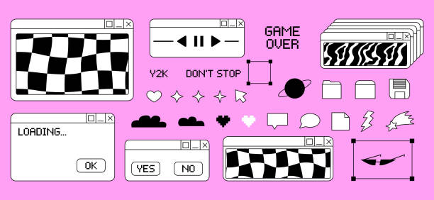 Set of retro digital screen user interface in y2k, 90s, 00s style Set of retro digital screen user interface in y2k, 90s, 00s style. Old computer windows and icons. Vector illustration in retrowave aesthetic windows folder icon stock illustrations