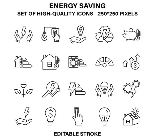 A set of simple but high-quality linear icons about saving electricity. A set of simple but high-quality linear icons about saving electricity. Vector illustration with editable stroke. vitality stock illustrations