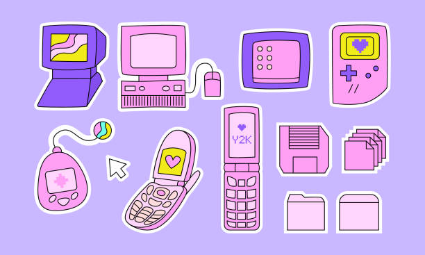 zestaw uroczych dziewczęcych naklejek y2k w estetyce retrowave: stary komputer, telefony z klapką, tamagotchi, gamepad, ikony folderów i dokumentów - nerd technology old fashioned 1980s style stock illustrations