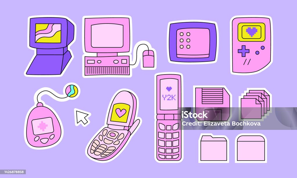 Set Of Cute Y2k Girly Stickers In Retrowave Aesthetic Old Computer Flip  Phones Tamagotchi Gamepad Folder And Document Icons Stock Illustration -  Download Image Now - iStock