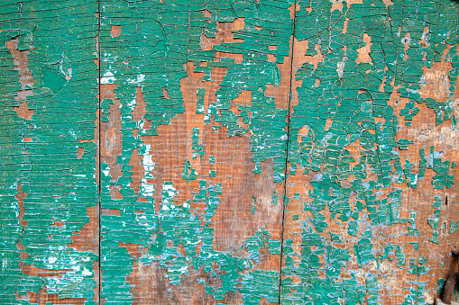 green painted wooden wall. the paint has peeled off. the paint is cracked. peeled off and faded